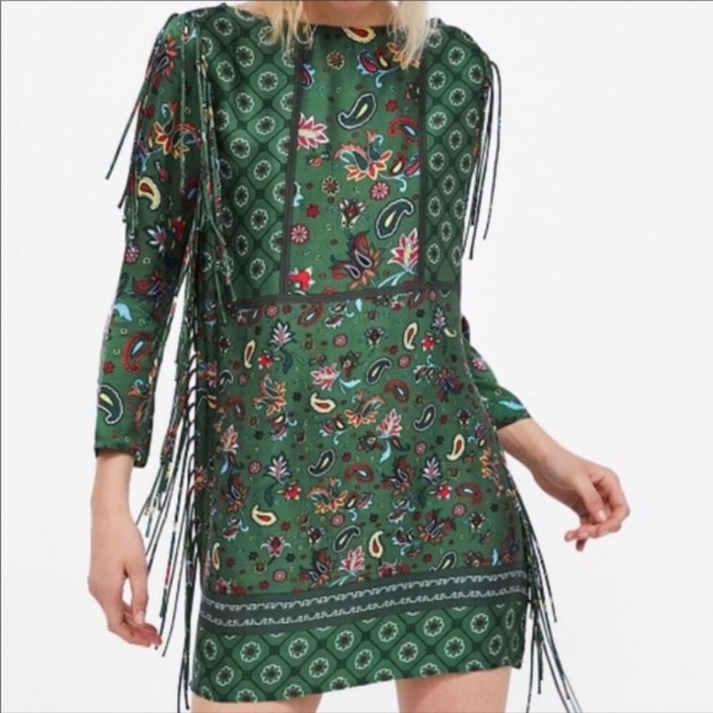 Zara Paisley Print Fringed Mini Dress Long Sleeve